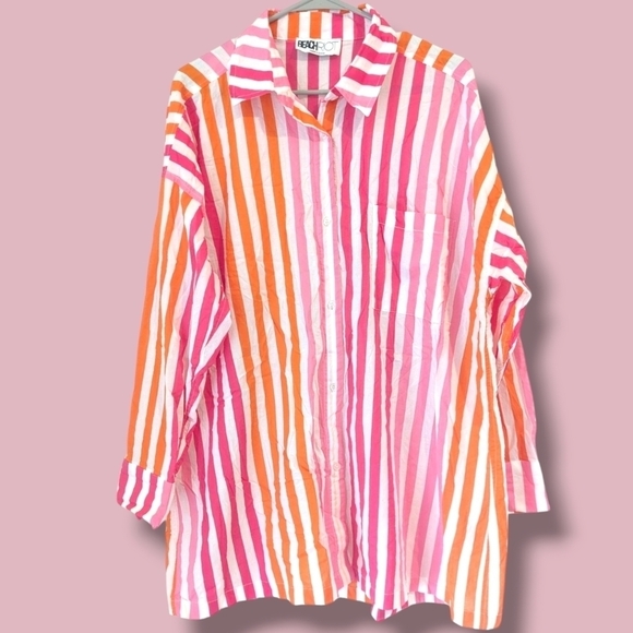 Beach Riot Pink Orange Stripe Alexa Long Sleeve Cotton Cover-Up Top Resortwear - Picture 2 of 11